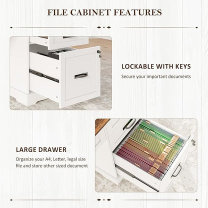 Whalefall 67'' Farmhouse L-Shaped Desk with Drawers for Home Office, White | Computer Corner Desk with File Cabinet and Charging Station, Large Executive L Desk with Locking Drawers Storage