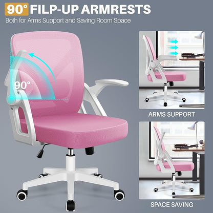 FelixKing Office Chair - Ergonomic Desk Chair Breathable Mesh Task Chair with Wheels and Lumbar Support Home Desk Office Chair with Flip up Armrest Rolling Swivel Computer Chair for Home Office Pink