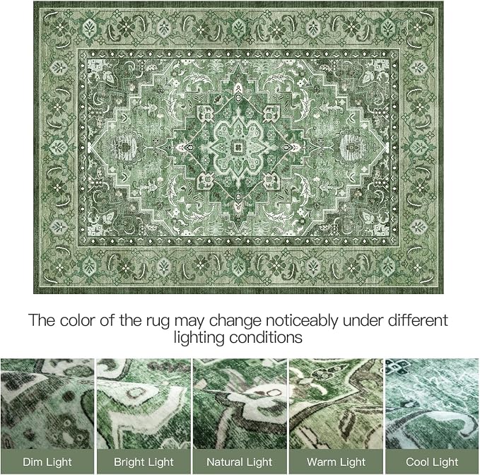 Lofus 5x7 Washable Rugs Non-Slip, Vintage Floral Area Rug for Living Room Bedroom Dining Room Kitchen, Low Pile Distress Print Medallion Carpet Home Decor Rug, Floral Sage Green