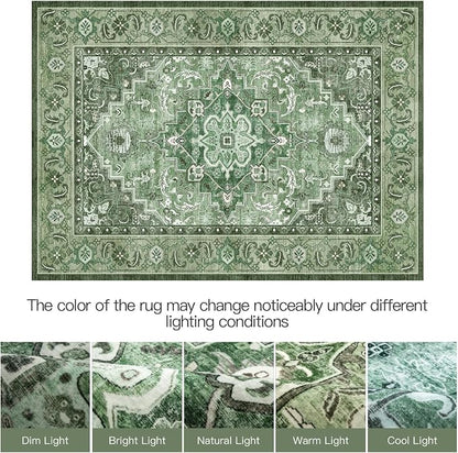 Lofus 5x7 Washable Rugs Non-Slip, Vintage Floral Area Rug for Living Room Bedroom Dining Room Kitchen, Low Pile Distress Print Medallion Carpet Home Decor Rug, Floral Sage Green