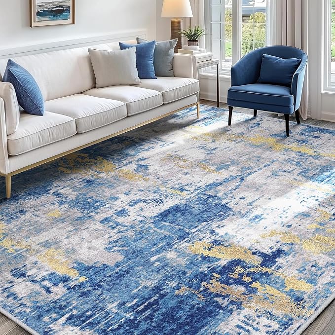 RELEANY Washable Area Rugs 7x10 Non-Slip Modern Abstract Soft for Living Room Entryway Bedroom Kitchen, Print Pattern, Grey Blue Gold/Golden