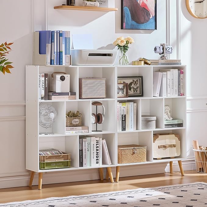 LEYAOYAO Cube Bookshelf 3 Tier Mid-Century White Modern Bookcase with Legs,Retro Wood Bookshelves Storage Organizer Shelf,Freestanding Open Book Shelves for Bedroom,Living Room,Office