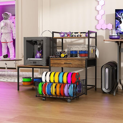 Saudism 3D Printer Stand with Storage Drawer and Rolling Filament Basket, Industrial Printer Table with Open Shelves and Hooks, Sturdy Metal Workstation for 3D Printing Tools and Accessories (Brown)