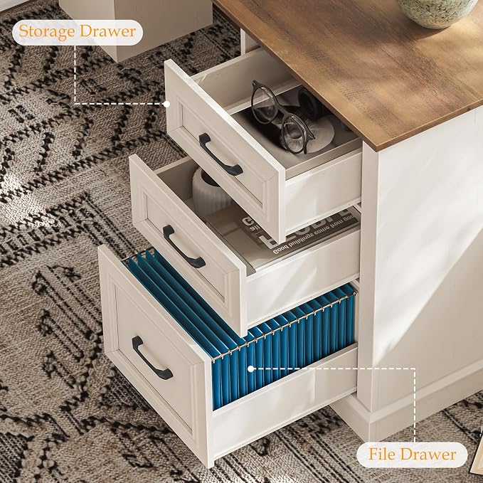 Vabches Farmhouse 59" L-Shaped Executive Desk with Drawers, Wood Home Office Corner Desk with File Drawer, Storage Cabinet, Rustic Computer Writing Desk for Home Office (Unique White)