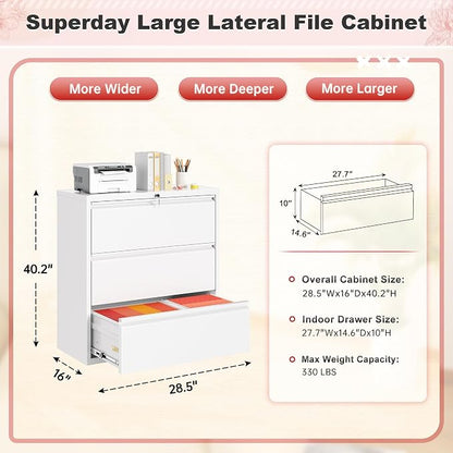 Superday Lateral File Cabinet 3 Drawer Metal File Cabinet with Lock, White Filing Cabinets for Home Office, Locking Filing Cabinets Hanging Files Letter/Legal/F4/A4