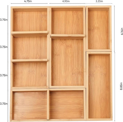 Bamboo Drawer Organizers Set with Removable Dividers, 5PCS Adjustable Multi-Use Wood Storage Organizers(5-9 Grids), Desk Drawer Tray for Bathroom, Office, Dresser, Storage Box for Jewelry, Makeup