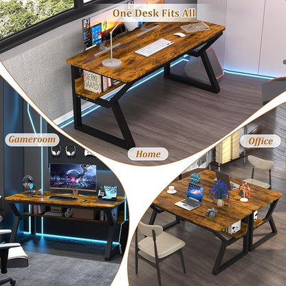 55 inch Computer Desk with Storage Shelf, K-Shaped Office Desk with Sturdy Metal Frame, Writing Gaming Work Desk with Waterproof Surface for Home Office & Bedroom, Rustic Brown