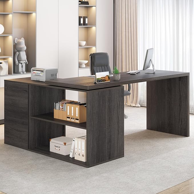 HSH L Shaped Desk with Drawers, Shape Computer Storage Cabinet Shelves, Reversible Modern Industrial Home Office Corner Desk, Rustic Wood Executive Writing Gaming Study Table, Gray 55 Inch