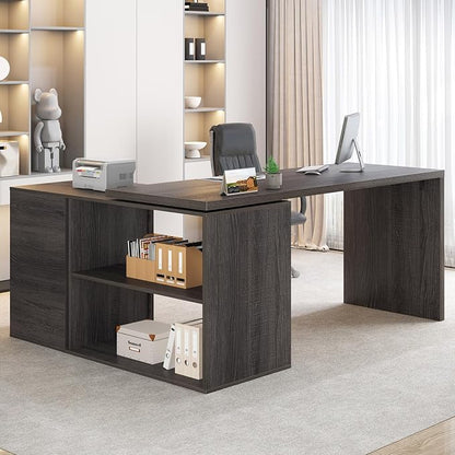 HSH L Shaped Desk with Drawers, Shape Computer Storage Cabinet Shelves, Reversible Modern Industrial Home Office Corner Desk, Rustic Wood Executive Writing Gaming Study Table, Gray 55 Inch