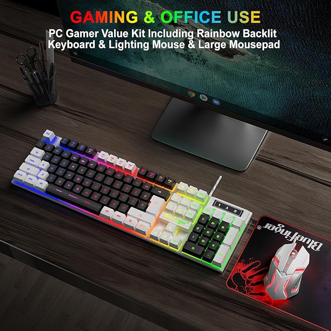 BlueFinger RGB Gaming Keyboard and Backlit Mouse Combo, USB Wired, LED Gaming Set for Laptop PC Computer Game and Work (White & Black)