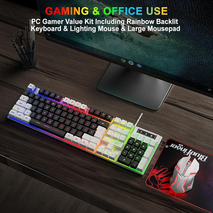 BlueFinger RGB Gaming Keyboard and Backlit Mouse Combo, USB Wired, LED Gaming Set for Laptop PC Computer Game and Work (White & Black)
