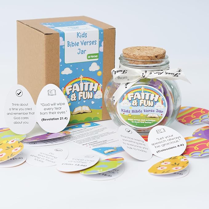 Kids Bible Verse Jar, Easter Basket Stuffers for Kids & Teens, Christian Easter Gifts for Girls Boys, 40 Bible Verse Cards, Faith Easter Gifts for Kids, Baby Easter Basket Stuffers, Religious Gift