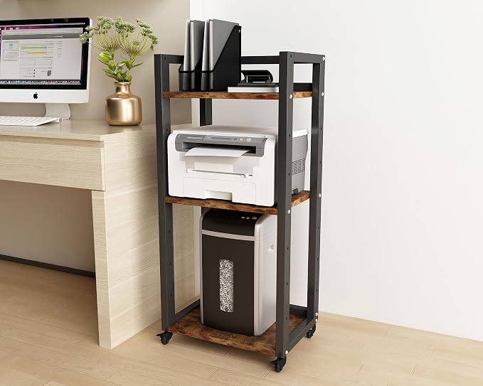 Natwind 3-Tier Movable Printer Stand Floor-Standing Desk Side Shredder Stand Computer Host Holder Adjustable Storage Shelf Rack on Wheels for Fax Scanner File Book (Retro)