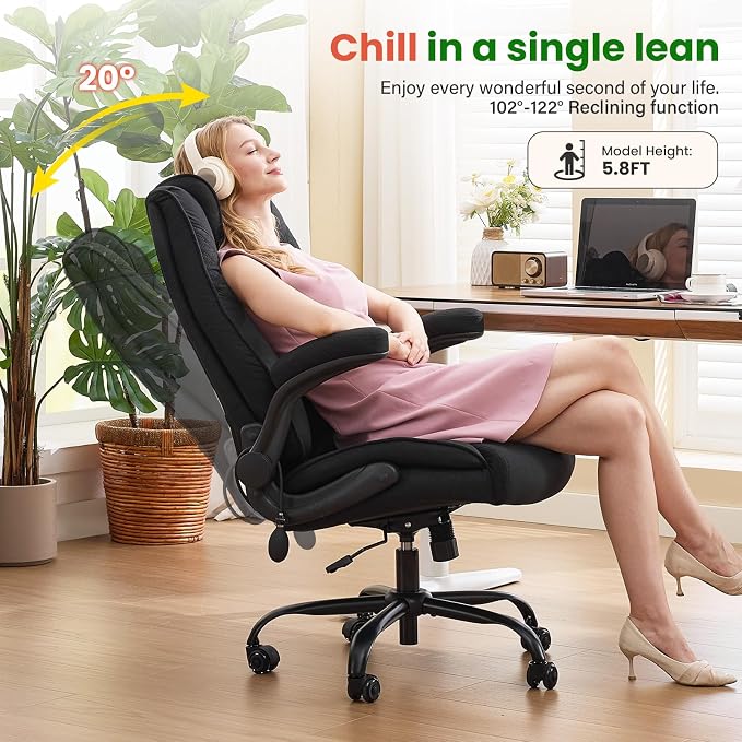 CIOMAN 500lbs Big and Tall Office Chair with Inflatable Lumbar Support for Back Pain, Executive Office Chair with Flip Up Arms and Rocking Function, Wide Cushion Computer Chair for All-Day Sitting