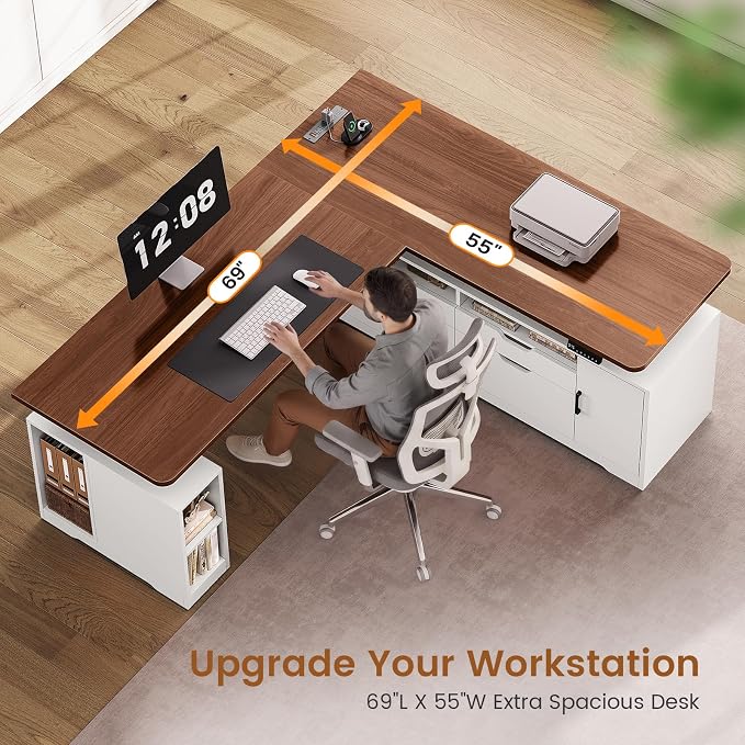 SEDETA Modern L Shaped Electric Standing Desk, 69" x 55" Height Adjustable Office Executive Desk with 4 Drawers and Storage Shelves, Sit Stand Computer Desk with Power Outlet, White + Brown