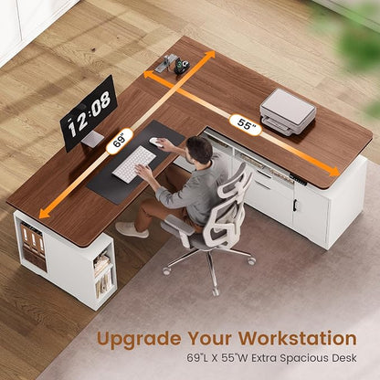 SEDETA Modern L Shaped Electric Standing Desk, 69" x 55" Height Adjustable Office Executive Desk with 4 Drawers and Storage Shelves, Sit Stand Computer Desk with Power Outlet, White + Brown