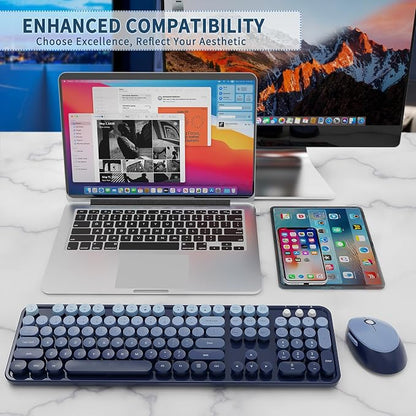 Nowlike Wireless Keyboard and Mouse Combo, Retro Typewriter Keyboard with Round Keycaps, Full-Size Ergonomic, Blue, Ideal for Windows PC, Home, Office, and College, Wireless Keyboard Mouse Combo