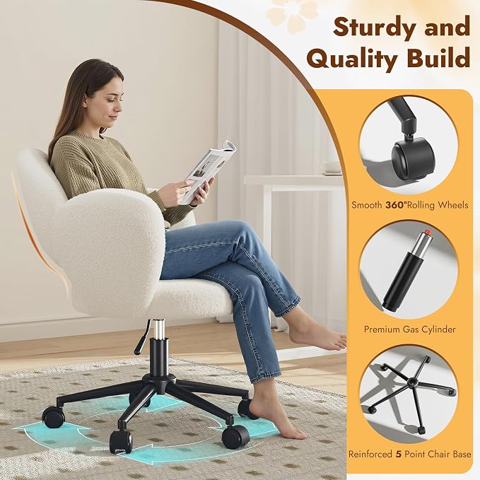 Homkdom Petal Vanity Chair with Wheels, 3.94" Thick Comfy Desk Chair, Swivel Armless Chair with Open Back and Adjustable Height, Ideal for Makeup Study Work and Relaxation, White