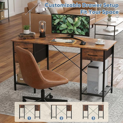 Sweetcrispy Computer Desk with Drawers 55 Inch Home Office Bedroom Table 4 Fabric Drawers 2 Mesh Storage Shelves Wood X-Shaped Writing Study PC Desk Workspace Side Hook Metal Frame Organizer Brown