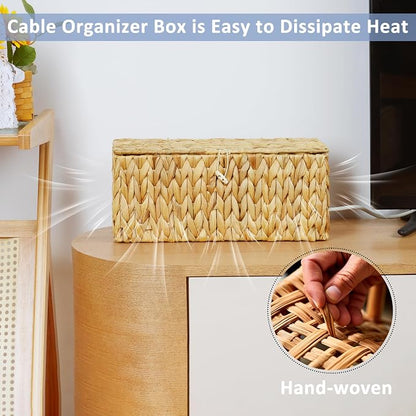 efluky 2 Pack Water Hyacinth Floor Cord Covers with Lid, Hand-Woven Cable Management Box, 2 Open Slots Cord Box to to Hide USB Wire, Power Strip & Charger for Home & Office and Dorm, Natural