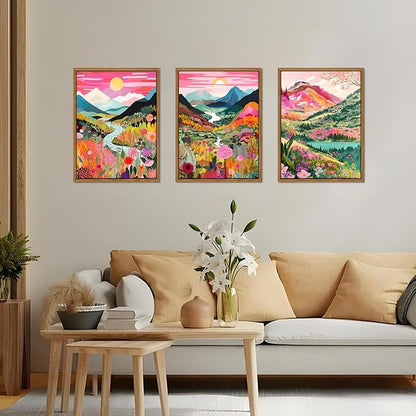 Floating Framed Large Boho Colorful Mountain Wall Art Set of 3, Abstract Watercolor Landscape Flower Wall Decor Paintings, Modern Nature Sunset Forest Posters Prints for Living Room 16x24 Inch
