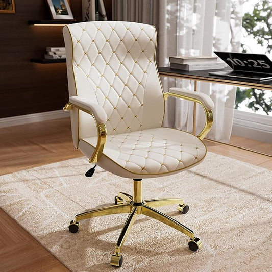 HomeZeer White and Gold Office Chair, Luxury Leather Executive Desk Chair | Elegant Timeless Appeal, Vintage Mid Back Styling with Wheels and Padded Arms, Thick High Density Foam Comfort