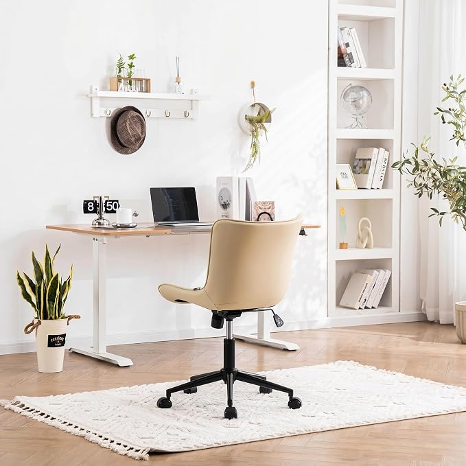 YOUNIKE Ergonomic Home Office Desk Chair with Wheels Comfy Armless Vanity Chair with Adjustable Back Modern Leather Upholstered Swivel Computer Chair Small Cute Rolling Task Chair for Women Beige