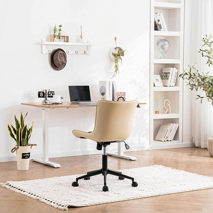 YOUNIKE Ergonomic Home Office Desk Chair with Wheels Comfy Armless Vanity Chair with Adjustable Back Modern Leather Upholstered Swivel Computer Chair Small Cute Rolling Task Chair for Women Beige