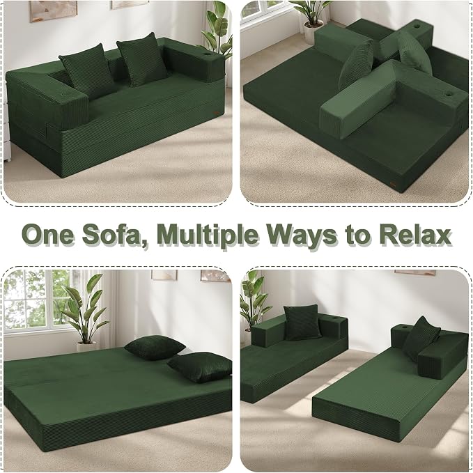 COMAX Queen Size Boneless Couch, 79" Futon Sofa Bed Couches for Living Room, 4 in 1 Convertible Sleeper Sofa Corduroy Couch Bed Foam in a Box, Foldable Cloud Couch Floor Mattress, Green
