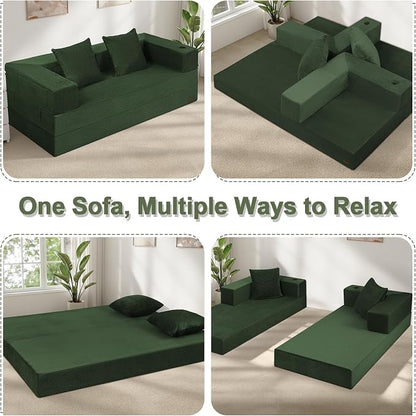 COMAX Queen Size Boneless Couch, 79" Futon Sofa Bed Couches for Living Room, 4 in 1 Convertible Sleeper Sofa Corduroy Couch Bed Foam in a Box, Foldable Cloud Couch Floor Mattress, Green