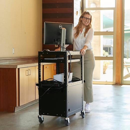 ECR4Kids Mobile AV Presentation Media Stand and 12-Bay Charging Cart, Technology Trolley, Black