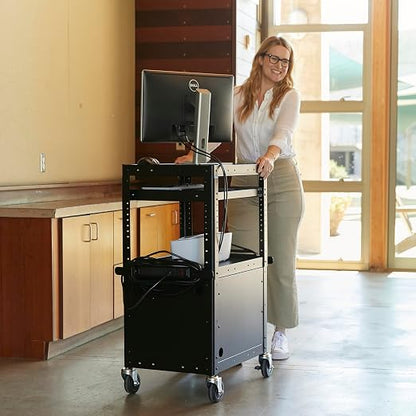 ECR4Kids Mobile AV Presentation Media Stand and 12-Bay Charging Cart, Technology Trolley, Black