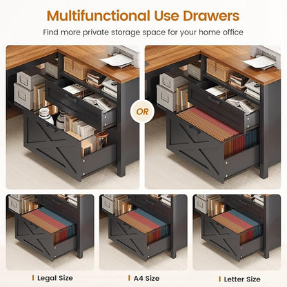 SEDETA L Shaped Gaming Desk with Drawers, 55" Farmhouse Computer Desk with File Drawer and Storage Shelves, Corner Gaming Desk with LED Lights and Monitor Shelf, Black and Brown