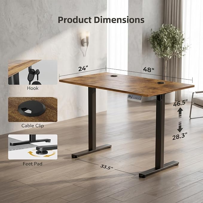 Claiks Electric Standing Desk 48 x 24 Inches, Motorized Sit Stand Desk with 3 Memory Presets & Cable Management, Spacious Ergonomic Computer Workstation for Dual Monitors & Gaming Setup, Rustic Brown