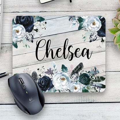 Personalized Floral Mouse Pad, Navy and White Rustic Mouse pad