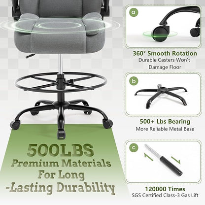 500LBS Drafting Chair, High Back Safer Standing Desk Chair, Executive Tall Office Chair with Flip-up Armrests, Upholstered Fabric Task Chair, Ergonomic Seat with Adjustable Height&Foot Ring, Grey