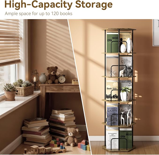 SUNMORY 5 Tier Rotating Bookshelf Tower, Revolving 360 ° Spinning Bookcase, Hexagonal Corner Book Shelf Storage Carousel, Vertical Rotate Turning Organizer Book Shelves for Living Room Office Bedroom