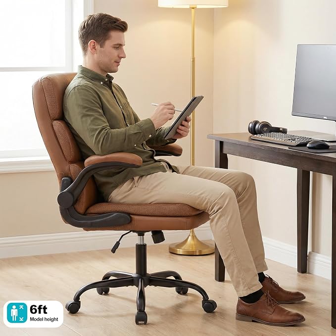 Mid Back Office Desk Chair,Leather Conference Room Chairs,Ergonomic Home Computer Chair,Modern Executive Chair with Padded Flip-up Armrest and Swivel Wheels (Brown)