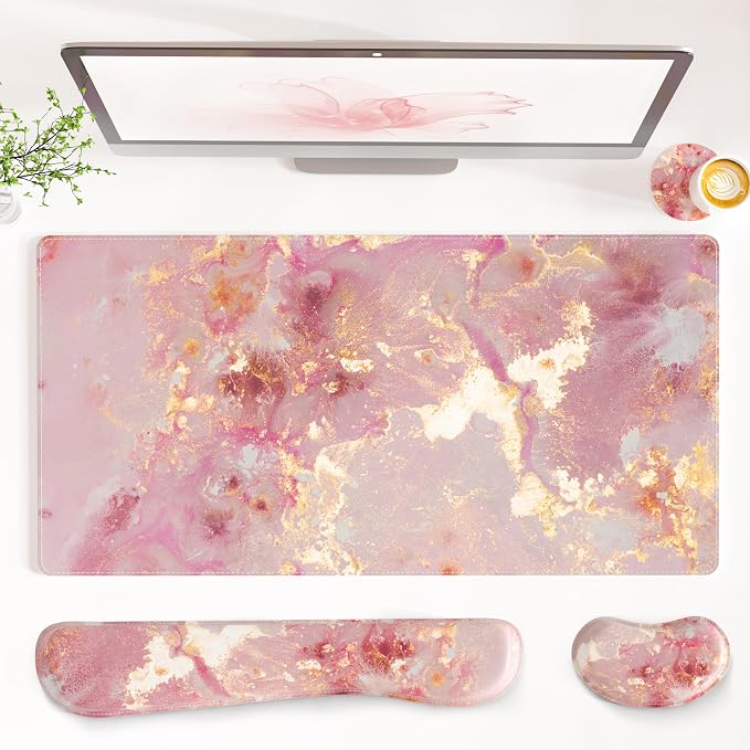 QiyI Leather Desk Mat Set, 4-in-1 Large Mouse Pad with Ergonomic Wrist Rest, Waterproof Desk Pad + Keyboard Wrist Rest + Mouse Wrist Support + Coaster, Non-Slip Office Gaming Accessories, Pink Marble