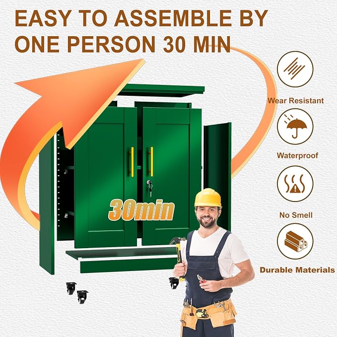 36" Metal Garage Storage Cabinet with Lock and Wheels,Rolling Steel Locker Organizer,Office File Cabinet with 2 Doors and 2 Adjustable Shelves,Tool Cabinets for Home Office,Gym,School (Green)