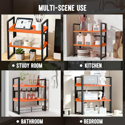 Brakki Desk Shelf Organizer, Adjustable 2 Tier Metal Desktop Shelves, Desktop Bookshelf Organization with Foot Mat, Multi-Functional Small Storage Rack for Office Dorm Home, Black and Orange