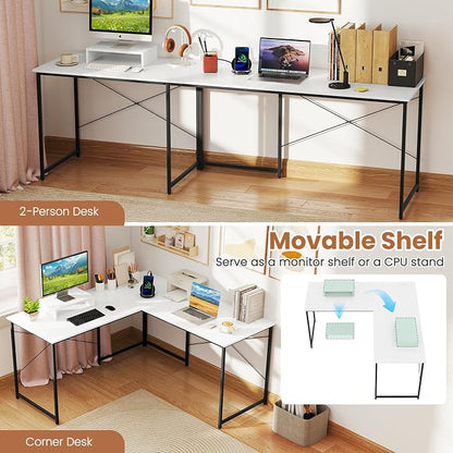 Tangkula L-Shaped Computer Desk with Power Outlets, 95” Long 2-Person Desk with Monitor Shelf, Modern Corner Desk Gaming Table with USB Ports for Home Office
