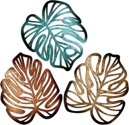 Palm Leaves Wood Wall Decor , 3Pcs Tropical Wall Art Jungle Decor, Wooden Natural Leaves Plant Wall Decor, Vintage Tropical Plant Plaque for Home Living Room Kitchen Bedroom Bathroom & Garden, Blue&Brown