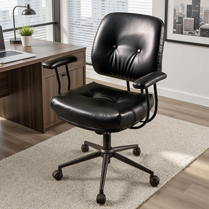 Ergonomic Home Office Chair, Mid-Century Faux Leather Home Office Desk Chairs with Wheels, Office Computer Chair with Rocking Swivel (Black,PU Leather)