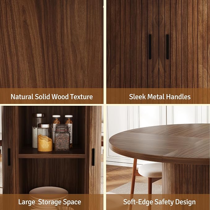 47 inch Round Dining Table for 4-6, Dinner Table with 2-Layer Storage Shelf, Morden Circle Kitchen Table with Wooden Strip Base and Wood Slide Door for Home Dining Room, Living Room, Walnut