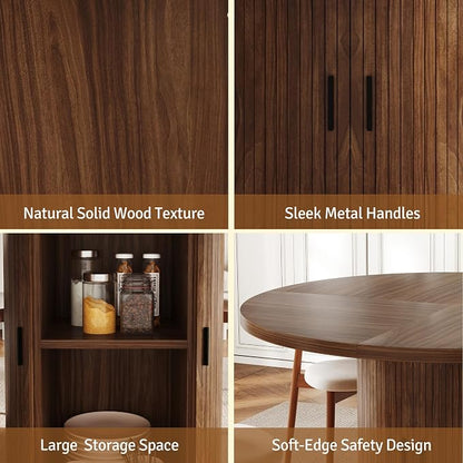 47 inch Round Dining Table for 4-6, Dinner Table with 2-Layer Storage Shelf, Morden Circle Kitchen Table with Wooden Strip Base and Wood Slide Door for Home Dining Room, Living Room, Walnut