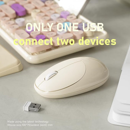 Wireless Keyboard and Mouse, Colorful 104-Key QWERTY with Round Keys, Phone Holder, Wrist Rest, Power Buttons, 2.4GHz USB for PC Laptop (Khaki Colorful)