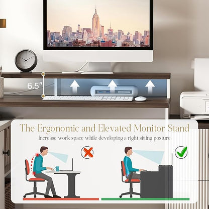 67" L Shaped Executive Desk with Drawers & Storage Shelf, Corner Computer Desk with Power Outlets, Home Office Desk with Monitor Stand, Printer Shelf, Computer Writing Desk for Work, Antique White