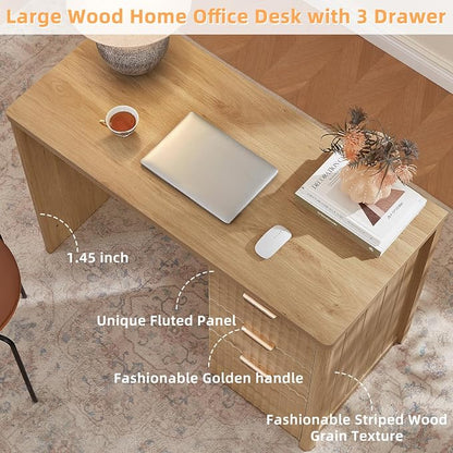 LEYAOYAO Office Desk 48" with 3 Drawers Storage File Cabinet Wood Fluted Desk for Computer Office Bedroom Home Furniture Natural