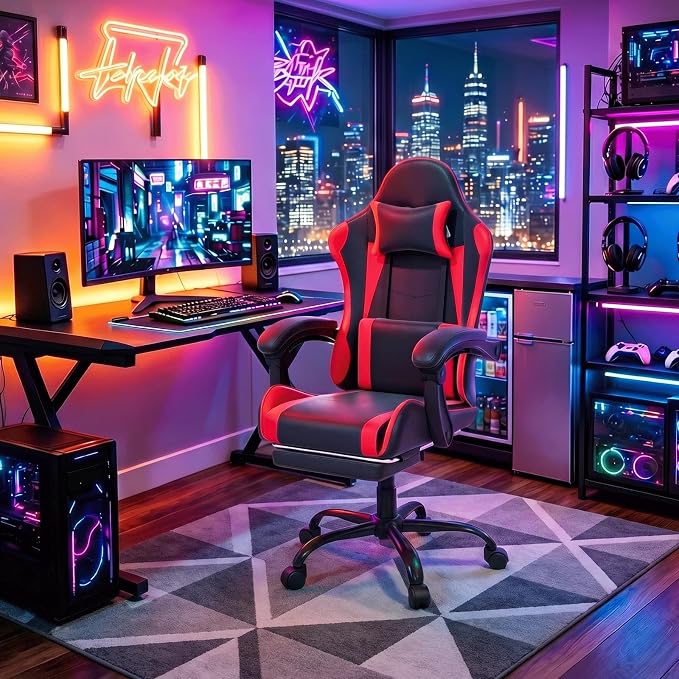 Gaming Chair, Ergonomic Computer Chairs with Arms, Lumbar Support, Footrest, Headrest 360°Swivel Chair, Adjustable Back and Height, Leather PC Chairs for Gaming, Study, Office, Black/Red